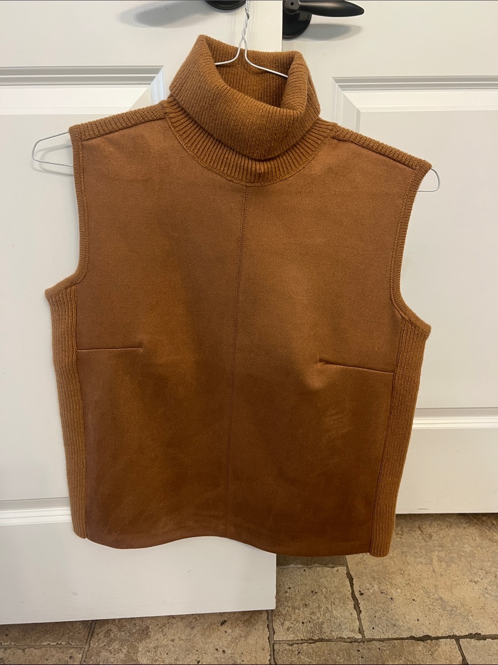 Ann Taylor Caramel Suede-Look Sleeveless Vest with Ribbed Turtleneck